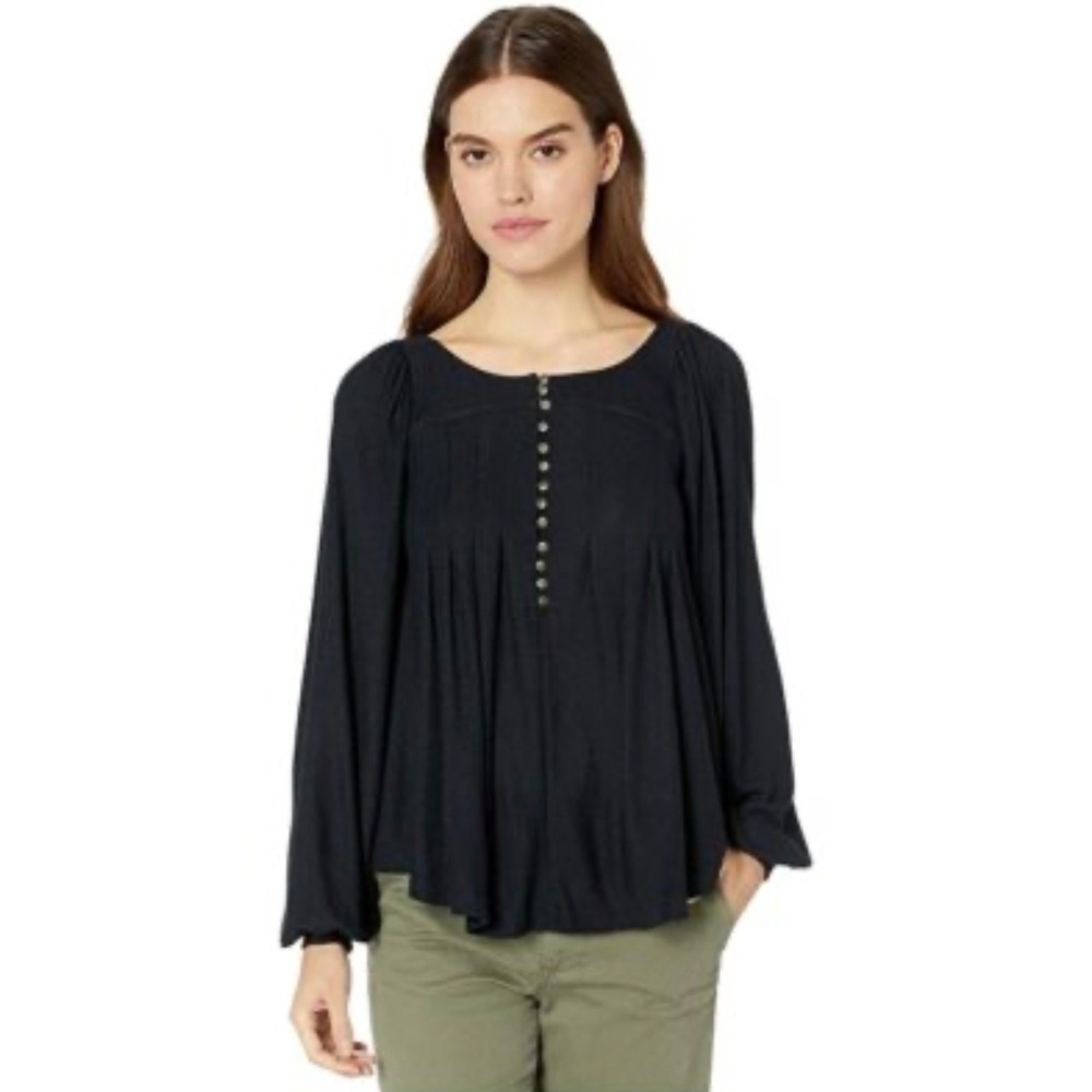 Free People Black Ribbed Babydoll Peasant Henley Blouse Puff Sleeve Boho Size M